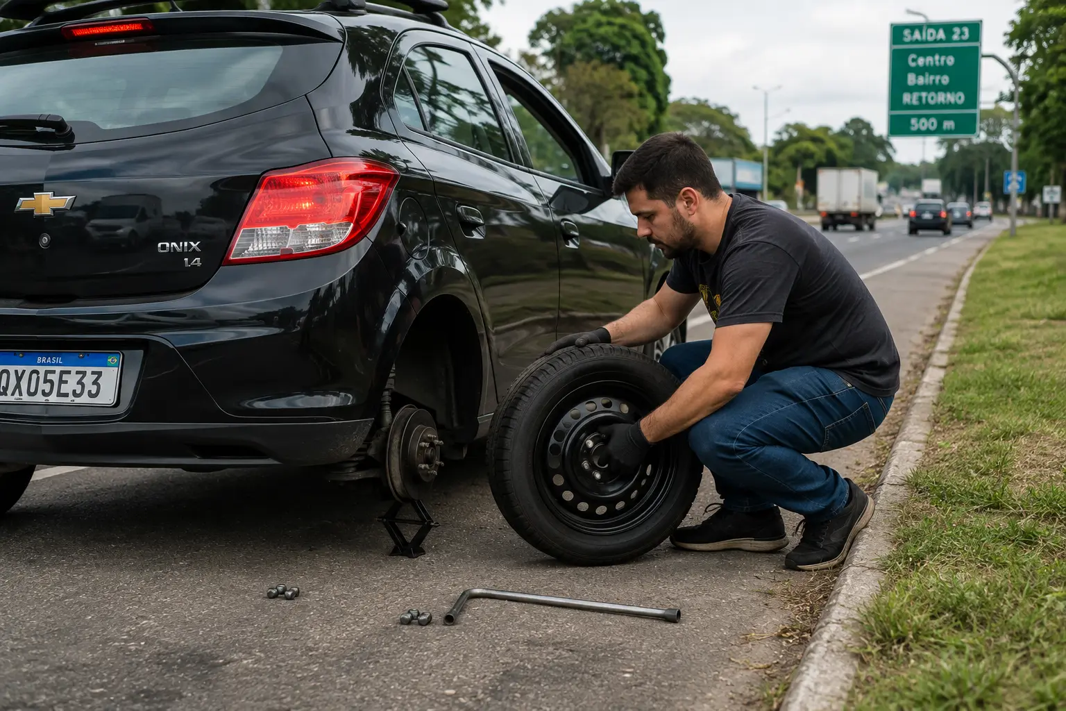 Assistência trocando o pneu de um veículo à beira da rodovia